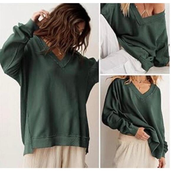 aerie Tops - Aerie Oversize V Neck Sweatshirt Exposed Seams Some Distressing Green Wash S
